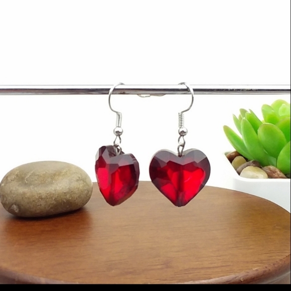 Glass Heart Silver Tone Hook Earrings - Picture 3 of 5